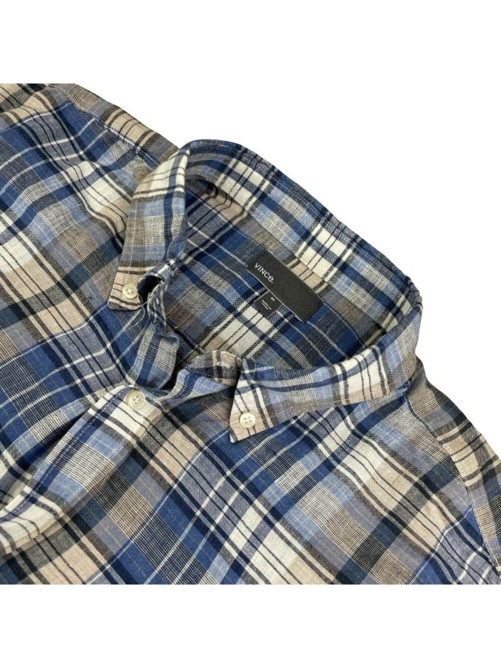 Vince Men's 100% Linen L/S Button Shirt Blue/Beige Plaid • XL